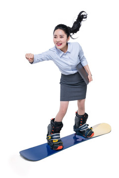 年轻商务女子滑雪