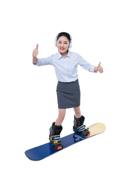 年轻商务女子滑雪