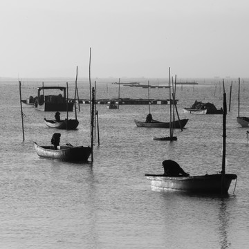无框画 渔船 风光 黑白风景