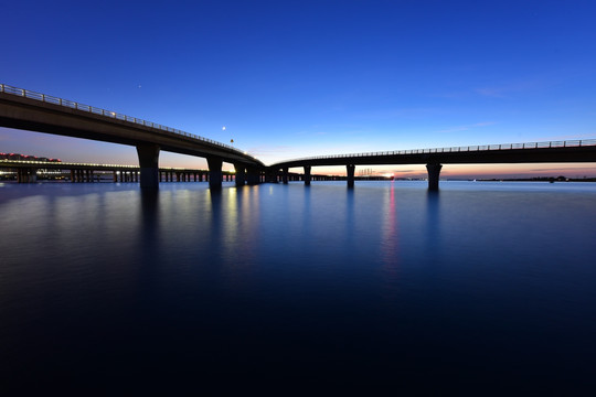 夜景 夕阳 海湾大桥