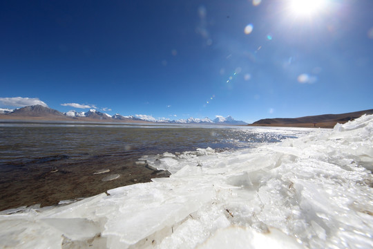 雪山下结冰的多情湖