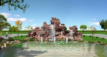 公园千层岩石假山跌水水池效果