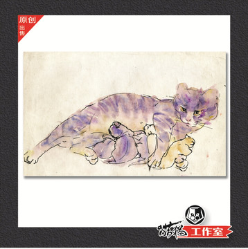 钢笔淡彩画 猫
