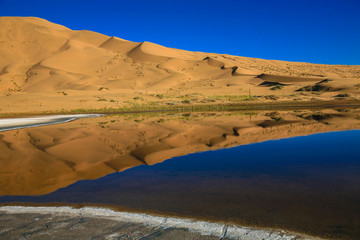 沙漠 蓝天 湖水 倒影 对称