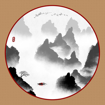 中式山水画手绘风景