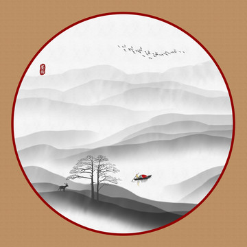 中式山水画手绘风景
