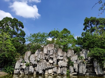 蓝天白云 花草树木 假山石雕