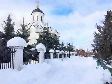 水彩画 雪中的教堂