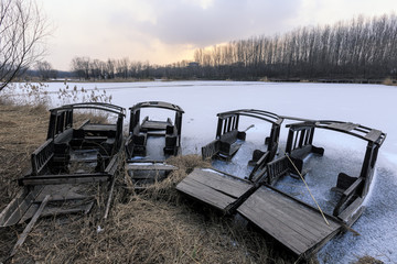 暮色中的冰雪湿地