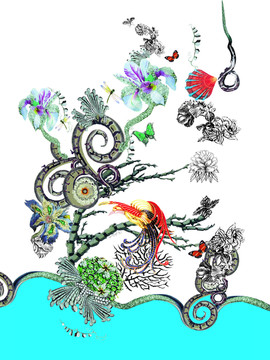 小鸟蛇树枝花朵
