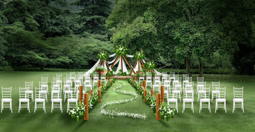 户外小清新白绿草坪婚礼手绘效果