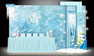 蓝色海洋主题婚礼背景签到区设计