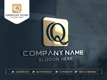 Q字母LOGO设计 金色标志