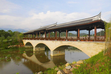 武平平桥翠柳化龙桥 水中的廊桥