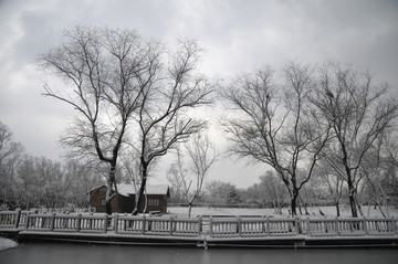 大雪下的长桥与小屋