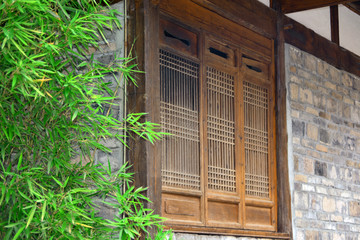 传统木窗 竹丛 方格木窗