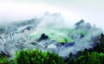 山村如画 云绕 山脉 风景区