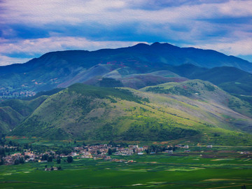 村庄田园大山油画