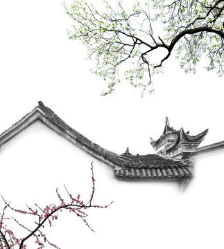 古建筑春色 水墨画