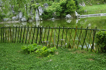 水池边竹围栏