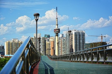 宝鸡城市河边街景渭河过河天桥