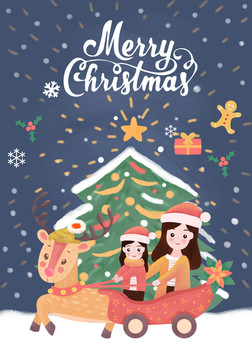 亲子插画母女圣诞节海报