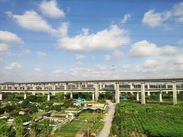 蓝天白云下的铁路高架桥