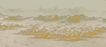 新中式山水柔美线描壁画分层