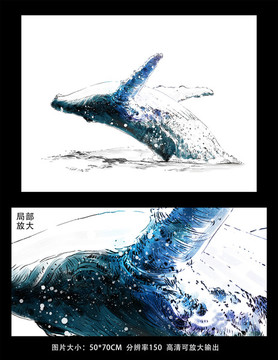 高清手绘风格鲸鱼跃出水面素材