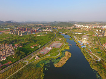 航拍山东临沂莒南生态湿地公园