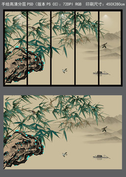 手绘复古中式山水竹鸟背景墙壁画