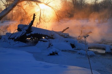 冬天早晨小河岸薄雾雪地太阳逆光