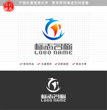 鸟帆船航海标志科技logo