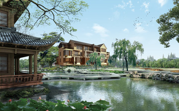 中式园林别墅建筑效果图