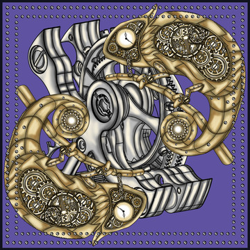 机械丝巾图案设计方巾蜥蜴手绘