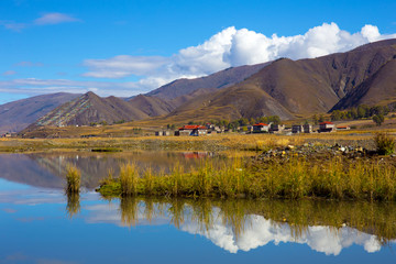 蓝天白头西藏村庄河流倒影
