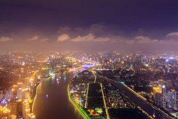 俯瞰广州珠江两岸二沙岛夜景