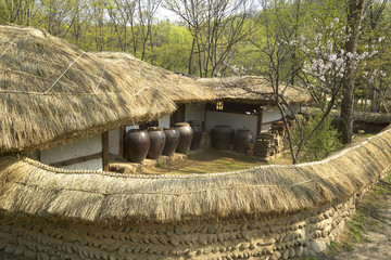 韩国农家庭院泥墙草屋