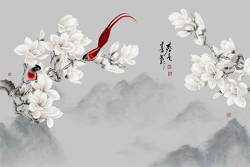新中式手绘玉兰花鸟装饰画