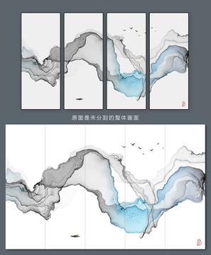 新中式客厅沙发水墨背景挂画