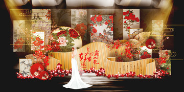 红金色新中式婚礼舞台效果图