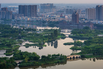 眉山东坡岛湿地城市全景