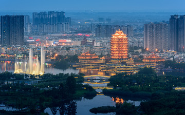 眉山东坡岛湿地城市全景夜景