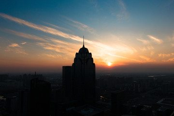 宁波南部鄞州新城夕阳日落