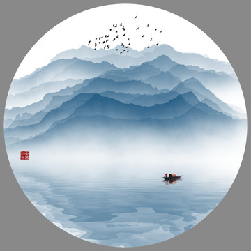 圆形水墨山水画