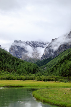 稻城亚丁洛绒牛场雪山草甸河流