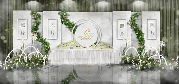 大理石主题婚礼照片墙甜品区