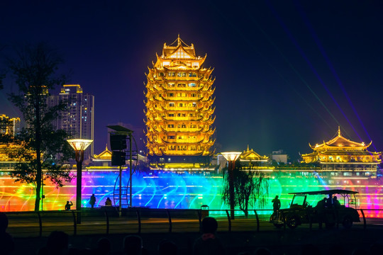 古建筑阁楼湿地公园灯光音乐喷泉
