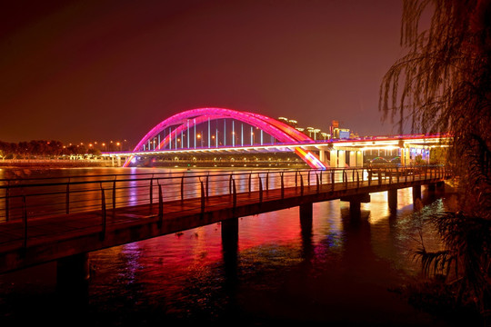 金华双龙大桥游步道夜景紫色灯光
