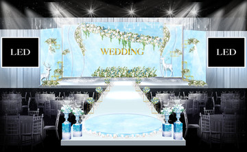 蓝色水彩婚礼舞台效果图